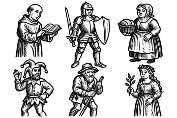 Medieval people in vintage engraving style with historical clothing and activities, Transparent Background