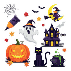 Collection of Cartoon Halloween Icons: Witch Pumpkin Ghost and More.