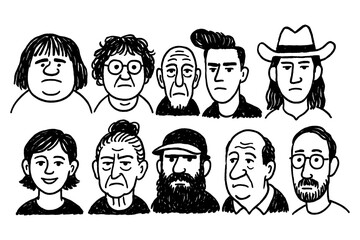 Hand drawn manga style faces of diverse characters with various hairstyles and expressions, Transparent Background