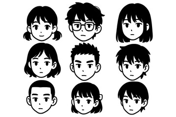 Hand drawn manga style faces of diverse characters with various hairstyles and expressions, Transparent Background