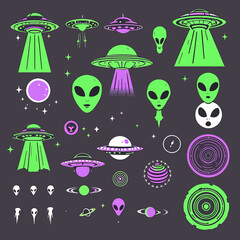 Vibrant alien spaceship and extraterrestrial illustrations perfect for sci-fi designs and branding
