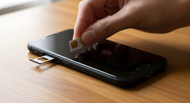 Hand inserting SIM card into modern smartphone, ready for connection and communication