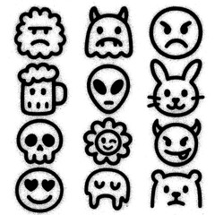 Hand drawn doodle emoji faces with quirky expressions and cartoon style characters, Transparent Background