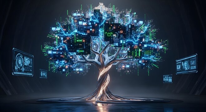 A digital tree with glowing screens and circuits forming its leaves and branches, surrounded by floating monitors displaying data.