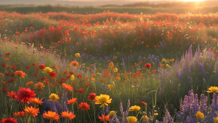 Stunning wildflower meadow bathed in golden sunlight evokes peace and serenity, ideal for nature designs