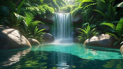 Discover tranquility with a stunning waterfall cascading into a serene turquoise pool surrounded by lush greenery