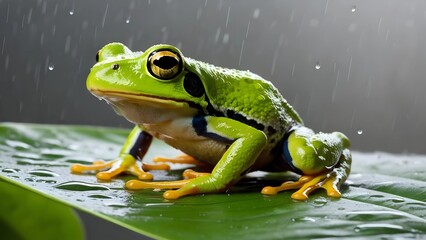 Fototapeta premium Closeup of tropical green frog sitting on wet leaf with raindrops in rainforest, exotic amphibian wildlife photography, fresh nature background for conservation, design and creative projects