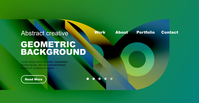 Website mockup displays vibrant geometric background. Text highlights work, about, portfolio, contact options. Green dominates design.