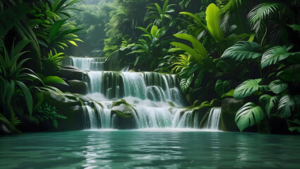 Discover the serene beauty of a tropical waterfall oasis surrounded by lush greenery and vibrant jungle plants
