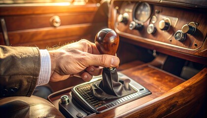 Close-up of a man's hand shifting a vintage car's gear stick