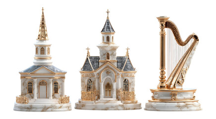 Obraz premium Elegant Decorative Marble Church and Harp Set on Transparent Background