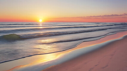 Breathtaking sunrise over tranquil ocean waves washing onto the golden sand beach, a peaceful morning scene