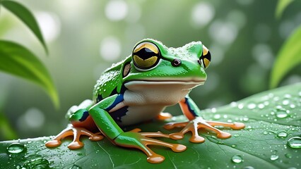 Closeup of tropical green frog sitting on wet leaf with raindrops in rainforest, exotic amphibian wildlife photography, fresh nature background for conservation, design and creative projects