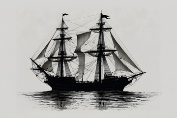 Fototapeta premium Black sailing ship with multiple masts and detailed rigging floating on ocean waters under dramatic cloudy sky, AI generated art