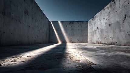 Obraz premium Abstract minimal architecture with clean concrete wall and dramatic light shadows, wide empty textured surface offering neutral background for modern design use.