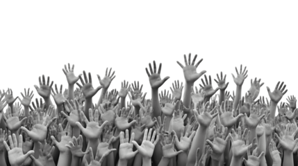 A surreal image depicting numerous gray hands reaching upward, symbolizing yearning or collective struggle
