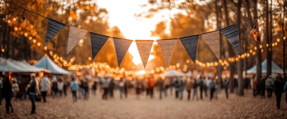 Festive autumn outdoor market scene, blurred crowd, string lights & bunting