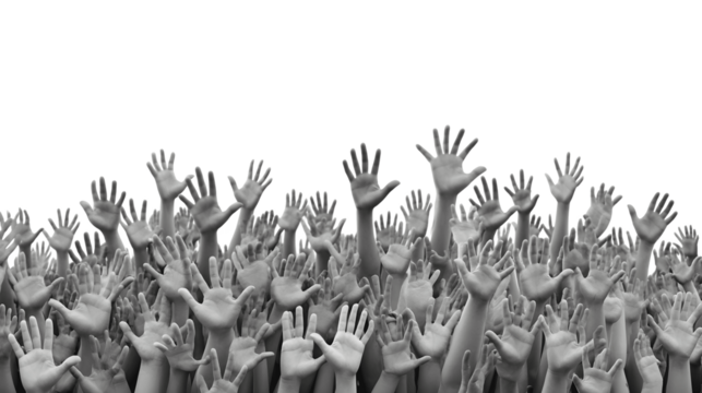 A surreal image depicting numerous gray hands reaching upward, symbolizing yearning or collective struggle
