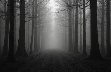 Dense, grayscale forest with tall, dark trees shrouded in thick fog. A shadowy, indistinct path leads into the mist, creating a moody and mysterious atmosphere.