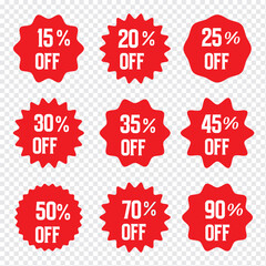 Set of percentage icons 15%, 20%, 25%, 30%, 35%, 45%, 50%, 70%, 90% in colorful circular variety style. Perfect for discounts, sales, offers, infographics, business reports, analytics, and marketing.