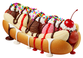 A creative dessert of a banana split hot dog with ice cream, whipped cream, sprinkles, and a cherry, isolated on transparent background