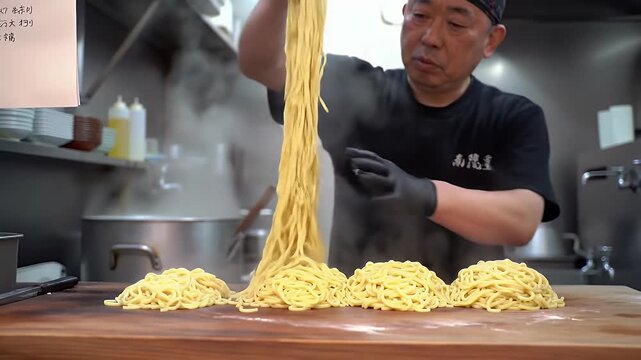 Focused Asian Chef Expertly Prepares Fresh Ramen Noodles in a Bustling Japanese Restaurant Kitchen with Warm Steam and Culinary Artistry Showcasing Traditional Cooking Expertise and the Art of Noodle