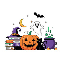 Halloween Still Life with Pumpkin Witch Hat Ghost and Black Cat Illustration.