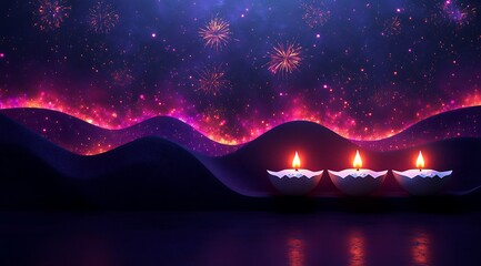 Three lit diyas on dark surface against glowing purple and pink starry sky with fireworks
