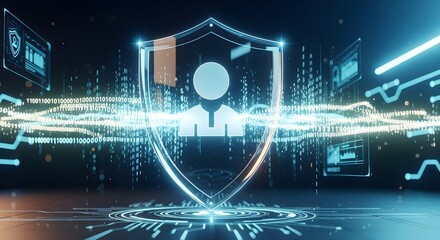 Digital illustration of a shield icon with a human figure inside, representing cybersecurity, protection, and data privacy in a technological environment.