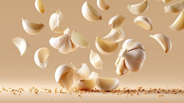 A picture of garlic cloves floating in the air on a beige studio background