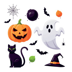 Obraz premium Halloween Collection: Jack-o-lantern Ghost Black Cat and Witch Hat.
