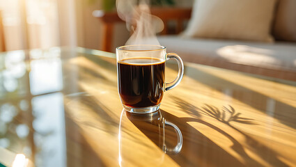 steaming mug of hot black coffee on a shiny wooden table, catching a golden morning sunlight that casts long, warm shadows and creates a cozy, tranquil atmosphere