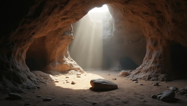 Sunlight streams into ancient cave illuminating solitary rock formation. Natural light creates atmosphere of mystery, contemplation within cavern interior. Earth geology, rock texture, prehistoric