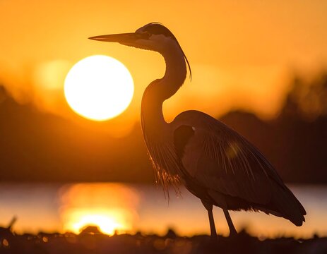 Silhouette of heron at sunset