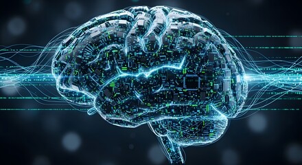 A digital representation of a brain with glowing blue neural connections and a central processing unit, symbolizing artificial intelligence and technology.