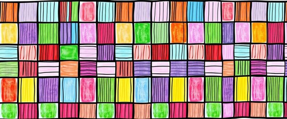 Vibrant colorful hand-drawn geometric seamless pattern  Chessboard style, horizontal & vertical lines,  packaging,  chessboard