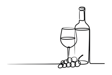 Minimalist single line drawing of a wine bottle glass and grapes on a white background