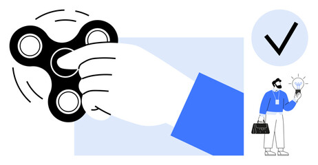 Hand engaging fidget spinner, businessman with idea bulb, and tick mark conveying creativity, focus, success, productivity, problem solving, teamwork innovation. Ideal for modern simple flat