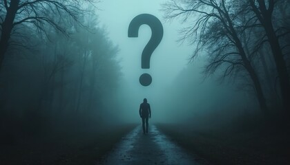 Silhouette person walks path in dark mysterious forest. Giant question mark hovers above, curiosity, uncertainty. Fog surrounds trees creating eerie, atmospheric mood. Moody scene suggests