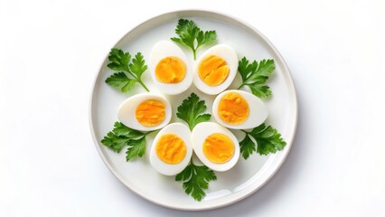 Breakfast Sliced boiled eggs arranged with greens on a plate, showcasing a simple yet elegant presentation.