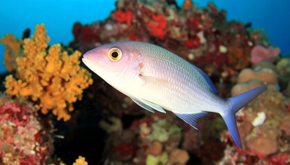A pale fish with blue tail swims near vibrant coral