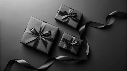 Elegant black and white overhead view of three wrapped gift boxes with flowing ribbon