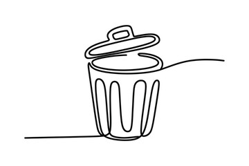 Minimalist continuous line drawing of an open trash can with a lid on a white background