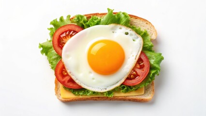 Breakfast Delicious sandwich topped with fried egg, lettuce, tomatoes, and cheese on whole grain bread.