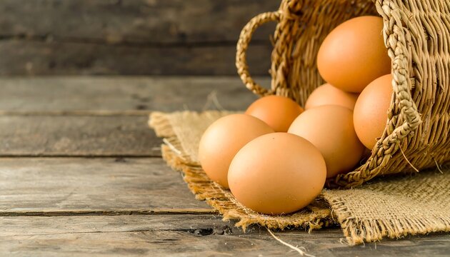 Brown eggs spill from a wicker basket onto burlap on a rustic wooden surface