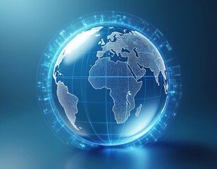 Digital illustration of transparent Earth globe with glowing blue energy lines encircling. Focus on Africa, representing global connectivity, technology. Visual international communication, business