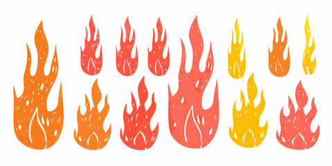 Collection Of Stylized Hand Drawn Flames In Orange Yellow And Red fire burning