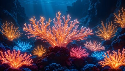 Abstract neon coral reef shapes glowing like electric circuits, fluid geometry, radiant bioluminescence, surreal cinematic underwater glow, seamless design.