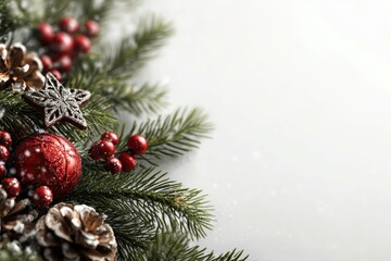 Obraz premium Festive holiday decorations with a charming fir tree, ornaments, and pinecones creating a warm Christmas atmosphere