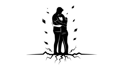 silhouette couple embracing on crack, despair, broken relationship, end, loss, sadness, pain, heartbreak